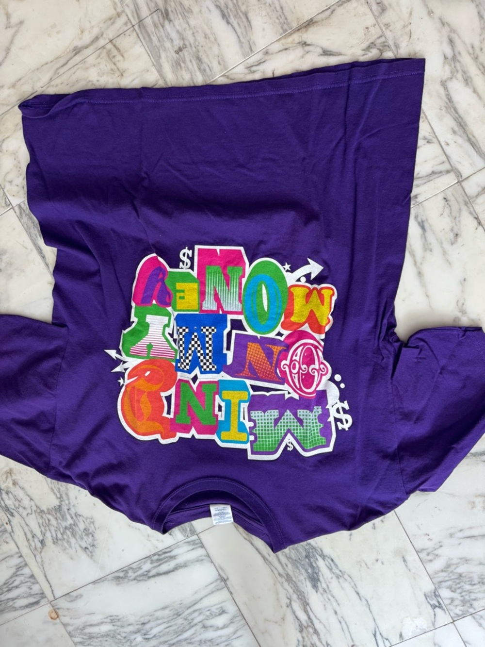Purple Graphic Tee with Colorful Lettering